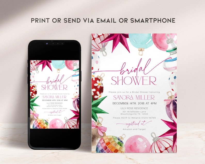 Puede incluir: Una invitaci&oacute;n de ducha nupcial rosa y blanca con un dise&ntilde;o de acuarela de adornos navide&ntilde;os. La invitaci&oacute;n dice "bridal shower" e incluye el nombre "Sandra Miller", la fecha "December 14th, 20XX at 4PM" y la ubicaci&oacute;n "Lilly Rose Residence".