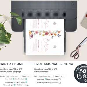May include: A printable baby shower invitation template with a floral design and the text "Baby in Bloom". The template is available for download as a PDF or JPG file and can be printed at home or professionally. The image shows a printer with the template loaded and a pair of scissors.