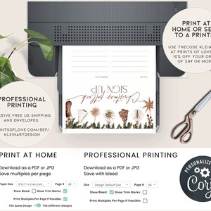 May include: A printed Christmas postcard design with the words "Christmas Postcard Sign Up" in elegant script. The design includes botanical illustrations and is being printed from a printer. The image also includes the text "Print at Home or Send to a Printer".