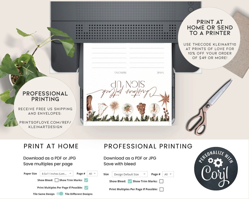 May include: A printed Christmas postcard design with the words "Christmas Postcard Sign Up" in elegant script. The design includes botanical illustrations and is being printed from a printer. The image also includes the text "Print at Home or Send to a Printer".