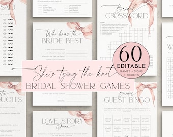 May include: A set of printable bridal shower games with a pink and white color scheme. The games include "Who Knows the Bride Best", "Bridal Crossword", "She's Tying the Knot", "Love Story Game", and "Bridal Guest Bingo".
