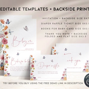 May include: Four printable baby shower templates with floral designs and butterflies. The templates include an invitation, diaper raffle ticket, books for baby card, and a thank you note. The text on the invitation reads "Baby in Bloom".