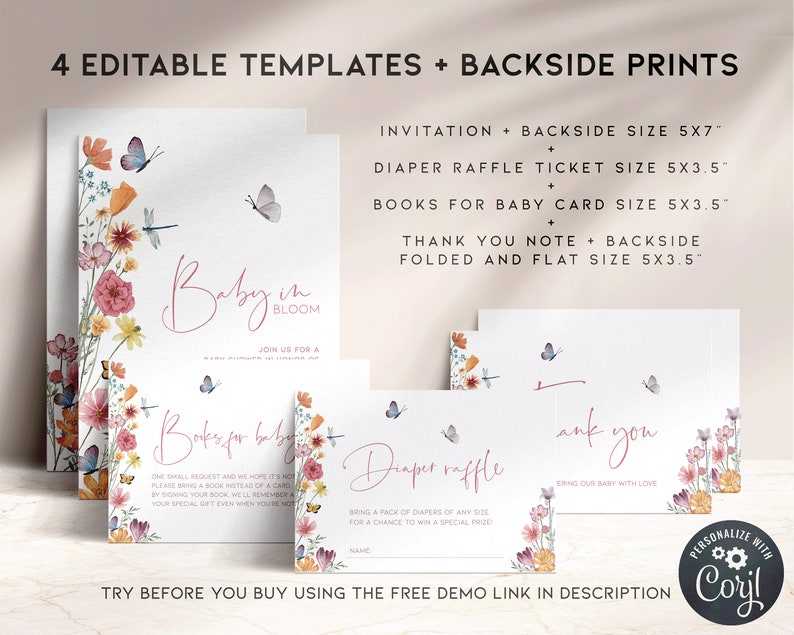 May include: Four printable baby shower templates with floral designs and butterflies. The templates include an invitation, diaper raffle ticket, books for baby card, and a thank you note. The text on the invitation reads "Baby in Bloom".