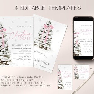 May include: Four printable Christmas party templates featuring a pink and white winter wonderland theme. The templates include an invitation with a backside, a square gift tag, a rectangular gift tag, and a digital invitation. The text on the invitation reads "Please join us for a Christmas Party, The Miller's House, December 18th, 2023 at 4pm".
