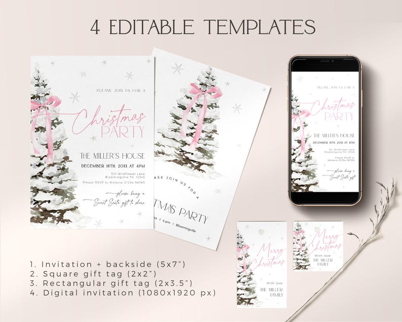 May include: Four printable Christmas party templates featuring a pink and white winter wonderland theme. The templates include an invitation with a backside, a square gift tag, a rectangular gift tag, and a digital invitation. The text on the invitation reads "Please join us for a Christmas Party, The Miller's House, December 18th, 2023 at 4pm".