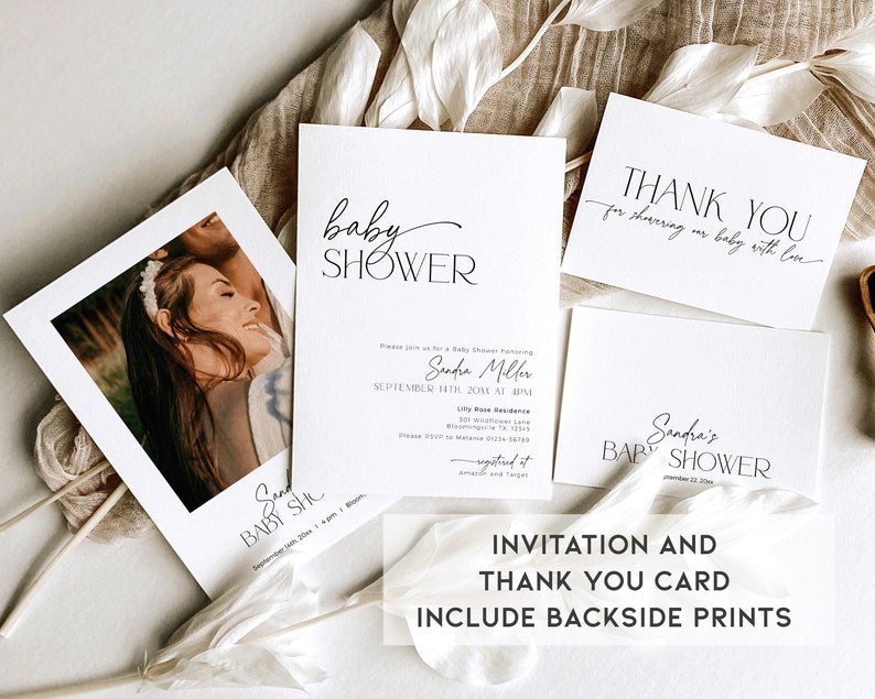 May include: A set of two printable cards for a baby shower. The invitation card features a simple design with the text "baby shower" in a script font. The thank you card features the text "Thank you for showering our baby with love".
