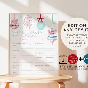 Pink Ornament Secret Sister Survey, Christmas Bow Santa Party Gift Exchange Sheet, Holiday Wish List Form, Favorite Thing Questionnaire CH79 image 3