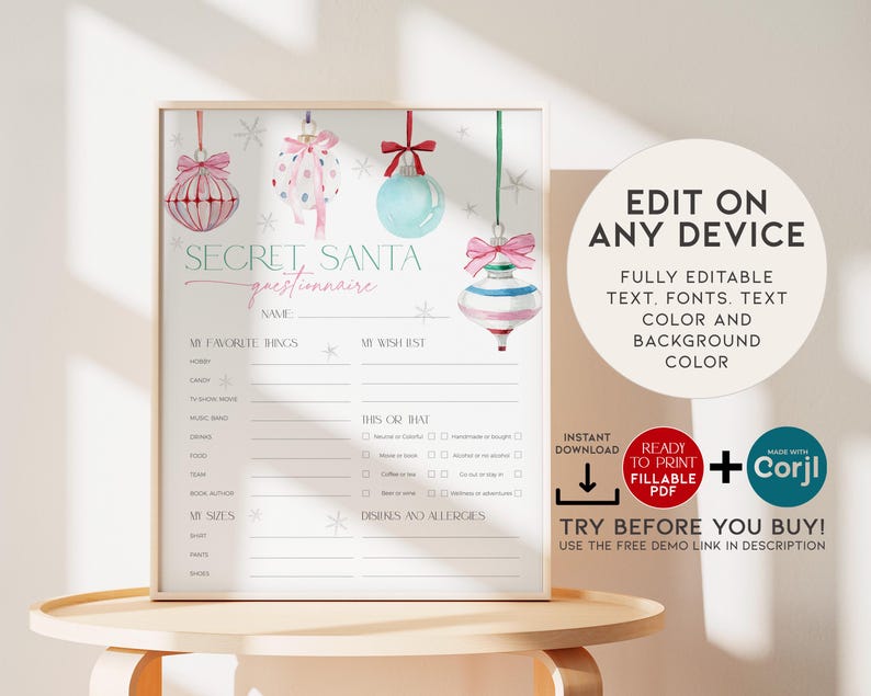 Pink Ornament Secret Sister Survey, Christmas Bow Santa Party Gift Exchange Sheet, Holiday Wish List Form, Favorite Thing Questionnaire CH79 image 3