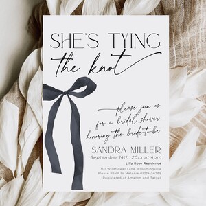 Shes tying the knot bridal shower invitation template with black bow for a gothic bridal shower