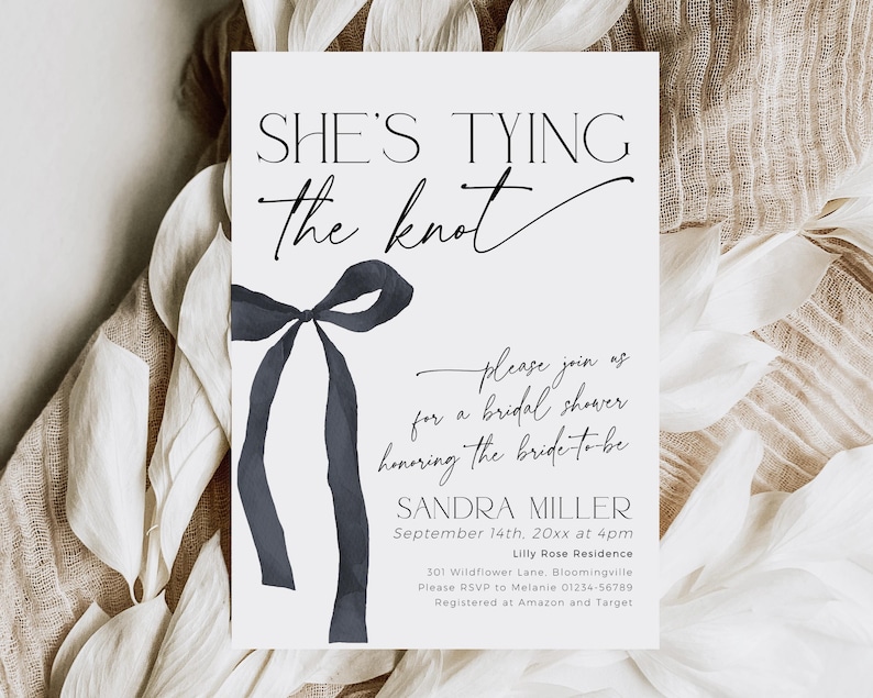 Shes tying the knot bridal shower invitation template with black bow for a gothic bridal shower