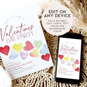 May include: Editable Valentine's Day party invitation template with a watercolor heart design. The template is fully customizable with editable text, fonts, and colors. The text on the invitation reads "Join us for a Valentine's Day Party" and includes the host's name, date, time, and location.