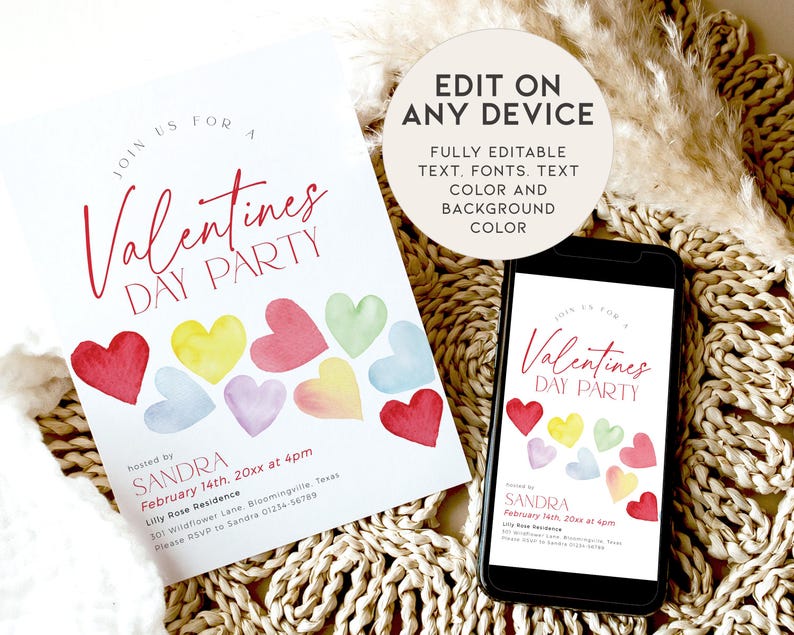 May include: Editable Valentine's Day party invitation template with a watercolor heart design. The template is fully customizable with editable text, fonts, and colors. The text on the invitation reads "Join us for a Valentine's Day Party" and includes the host's name, date, time, and location.