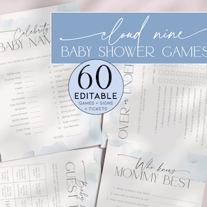 May include: A set of printable baby shower games with a watercolor background in shades of blue. The games include "Celebrity Baby Names", "Over or Under", "Who Knows Mommy Best", and "Baby Shower Bingo".