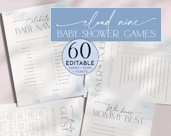 Cloud Nine Baby Shower Game Bundle PRINTABLE, Activity Pack Blue Cloud 9, He or She, Neutral Nursery Rhyme Song, About Parents, Bingo, BB37
