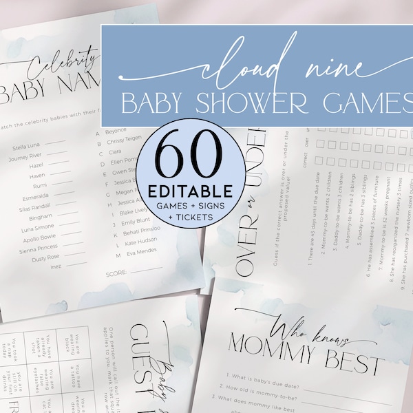 Cloud Nine Baby Shower Game Bundle PRINTABLE, Activity Pack Blue Cloud 9, He or She, Neutral Nursery Rhyme Song, About Parents, Bingo, BB37