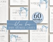 Dusty Blue Bow Baby Shower Games Bundle PRINTABLE, Editable Blush Ribbon Activity Pack Boy, Sprinkle Party Bingo, Predictions Advice, BB59