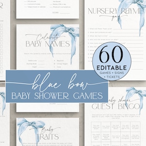 Stoffige blauwe strik babyshower spelletjes bundel AFDRUKBAAR, bewerkbaar blush lint activiteitenpakket jongen, strooi partij bingo, voorspellingen advies, BB59