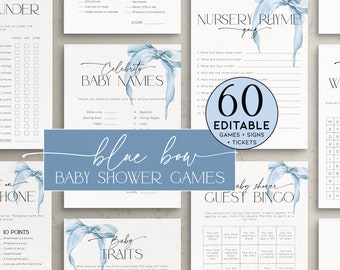 Dusty Blue Bow Baby Shower Games Bundle PRINTABLE, Editable Blush Ribbon Activity Pack Boy, Sprinkle Party Bingo, Predictions Advice, BB59
