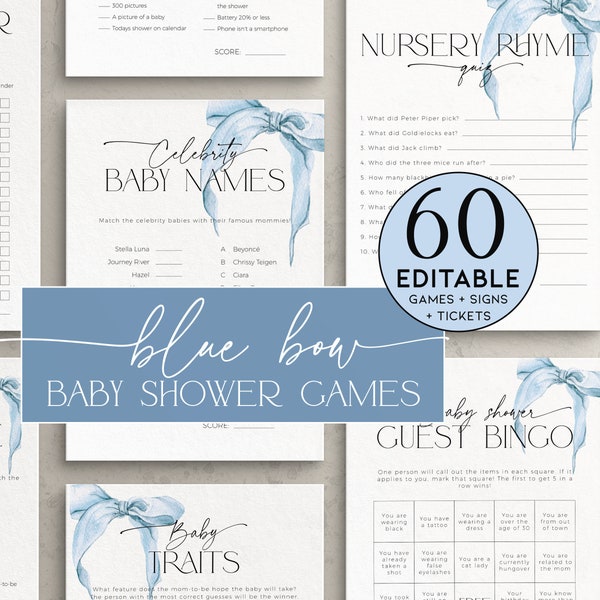 Dusty Blue Bow Baby Shower Games Bundle PRINTABLE, Editable Blush Ribbon Activity Pack Boy, Sprinkle Party Bingo, Predictions Advice, BB58