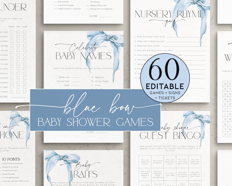 May include: Blue and white baby shower game cards featuring a blue bow design. The cards include games such as "Celebrity Baby Names", "Nursery Rhyme Game", "Baby Traits", and "Guest Bingo".