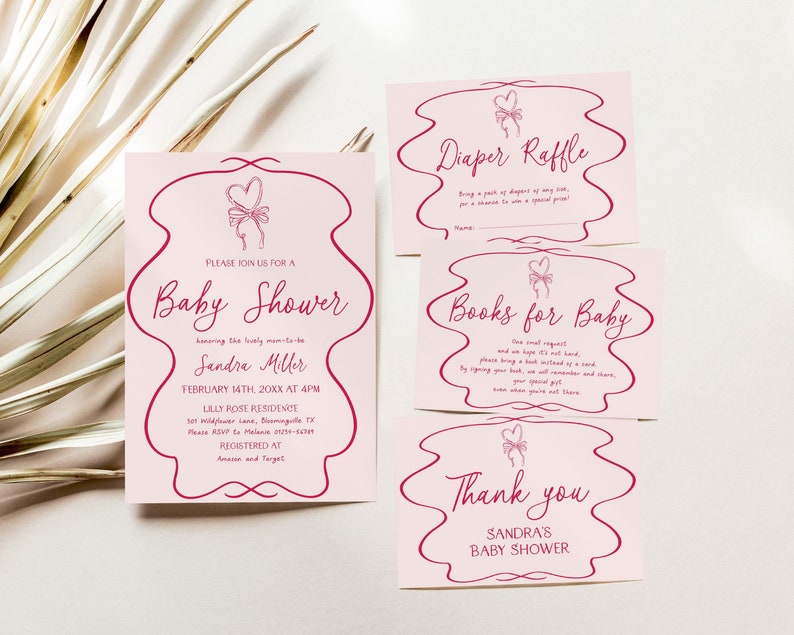 Pink hand drawn valentines baby shower invitation template bundle with wavy border, heart and coquette bow.  Bundle of baby shower invitation, diaper raffle ticket, books for baby card and thank you note