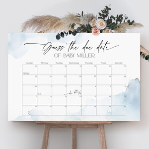 Errate das Fälligkeitsdatum Poster Kalender Spiel, Auf Wolke Neun Babyparty Zeichen, Staubige Blaue Geburtstagsvorhersage Banner Junge Party Dekoration, BB37 Bild 4
