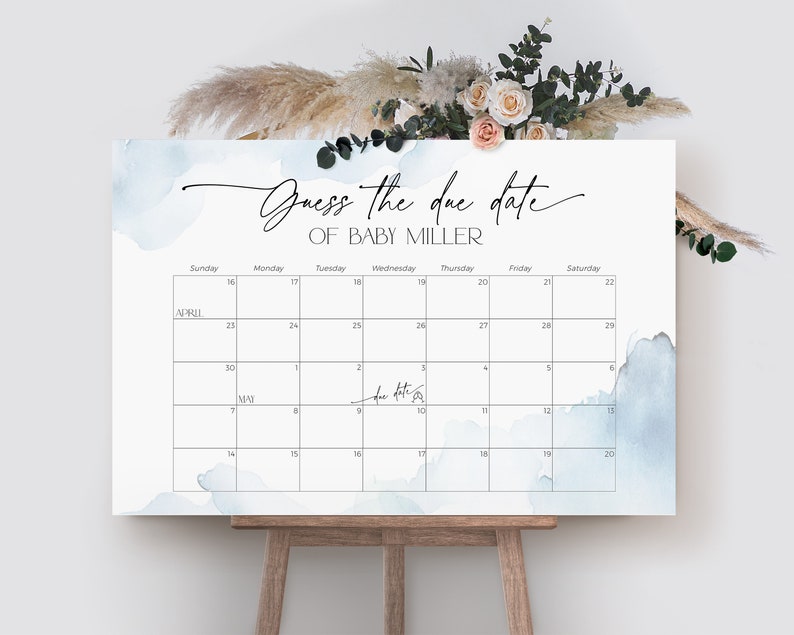 Errate das Fälligkeitsdatum Poster Kalender Spiel, Auf Wolke Neun Babyparty Zeichen, Staubige Blaue Geburtstagsvorhersage Banner Junge Party Dekoration, BB37 Bild 4