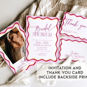 May include: Pink and orange bridal shower invitation with a photo of the bride-to-be and the text "Bridal Shower" and "Sandra's Bridal Shower".