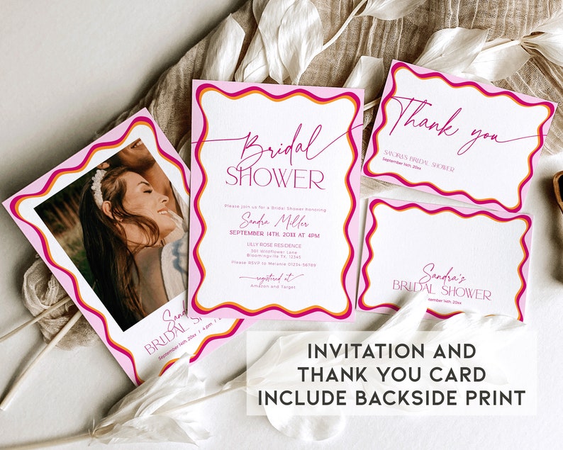 May include: Pink and orange bridal shower invitation with a photo of the bride-to-be and the text "Bridal Shower" and "Sandra's Bridal Shower".