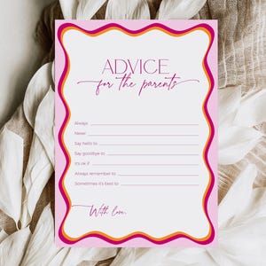Roze en oranje golvende randadvies voor de ouderskaart, retro curvy babyshower afdrukbare activiteit, kleurrijk strooifeestspel, BS36