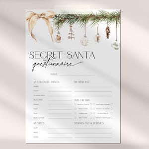 Enquêtesjabloon Secret Sister, Christmas Bow Santa Party cadeau-uitwisselingsblad, formulier vakantieverlanglijstje, vragenlijst Xmas Favorite Thing CH72