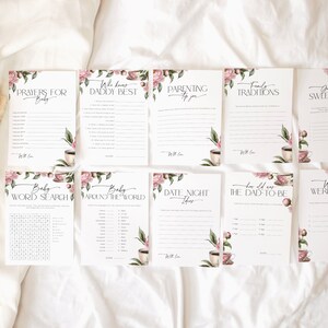 Puede incluir: Un conjunto de juegos imprimibles para baby shower con ilustraciones florales. Los juegos incluyen "Oraciones para el beb&eacute;", "&iquest;Qui&eacute;n conoce mejor a pap&aacute;?", "Consejos de crianza para ti", "Tradiciones familiares", "Adivina el dulce desastre", "B&uacute;squeda de palabras para beb&eacute;s", "Beb&eacute; alrededor del mundo", "Ideas para una noche de citas", "&iquest;Qu&eacute; edad ten&iacute;a el futuro pap&aacute;?", y "&iquest;D&oacute;nde estaban?"
