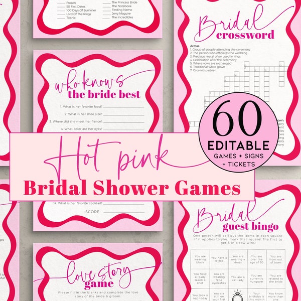 Pink und Rot Brautdusche Spiele Gewellte Grenze, bearbeitbare Hen Party Aktivität Bundle, Buntes Bachelorette Wochenende, Hochzeit druckbar, BS56