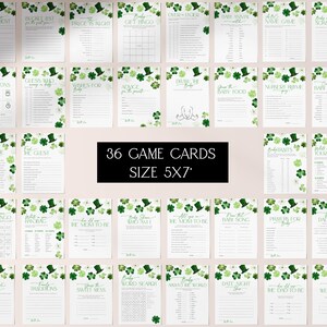 May include: Thirty-six printable game cards for a St. Patrick's Day party. The cards feature a green shamrock and leprechaun hat design. The cards are 5x7 inches.