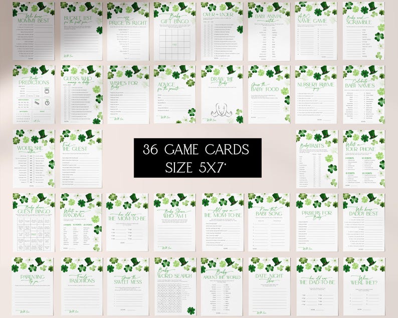 May include: Thirty-six printable game cards for a St. Patrick's Day party. The cards feature a green shamrock and leprechaun hat design. The cards are 5x7 inches.