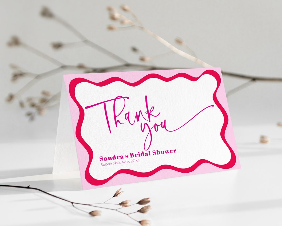 Hot Pink Wavy Border Thank You Card Bridal Shower DOWNLOAD, Colorful ...