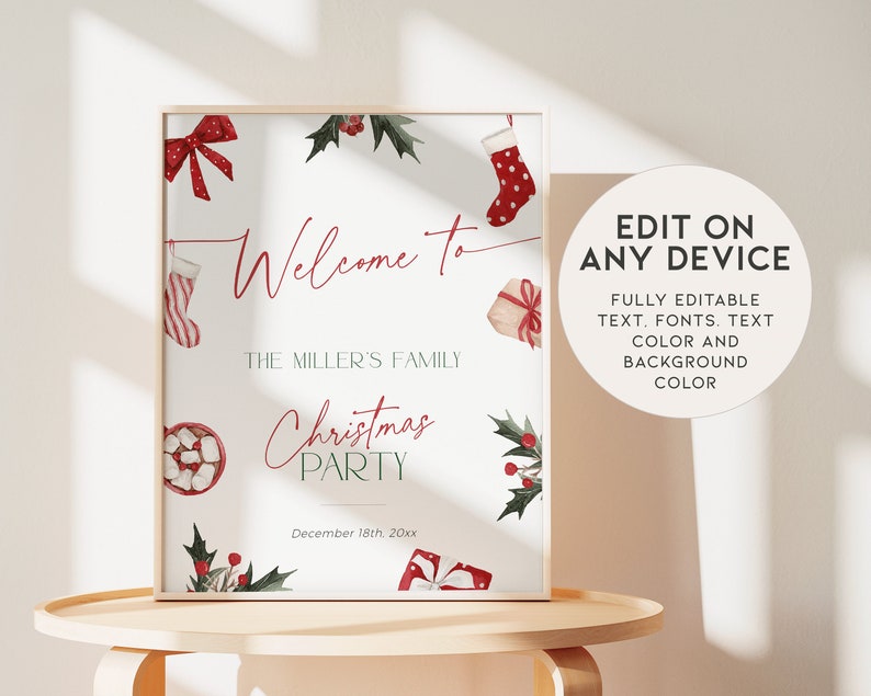 May include: A framed Christmas party sign with watercolor illustrations of holiday elements. The sign reads "Welcome to The Miller's Family Christmas Party" in red script. Additional text on the sign includes the date and details about editing the sign.