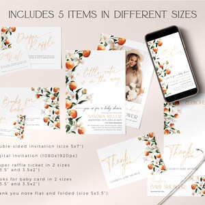 May include: A set of five printable baby shower invitations with a citrus theme. The invitations include a double-sided invitation, a digital invitation, a diaper raffle ticket, a book for baby card, and a thank you note. The invitations feature a watercolor illustration of oranges and leaves.
