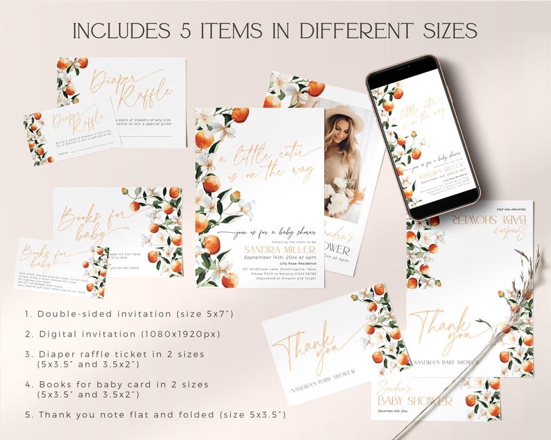 May include: A set of five printable baby shower invitations with a citrus theme. The invitations include a double-sided invitation, a digital invitation, a diaper raffle ticket, a book for baby card, and a thank you note. The invitations feature a watercolor illustration of oranges and leaves.