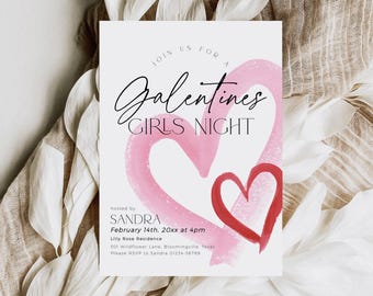 Pink Heart Galentine's Party uitnodiging sjabloon, bewerkbare Valentijnsdag diner uitnodiging, rode retro Girls Night Out afdrukbare flyer, CH82