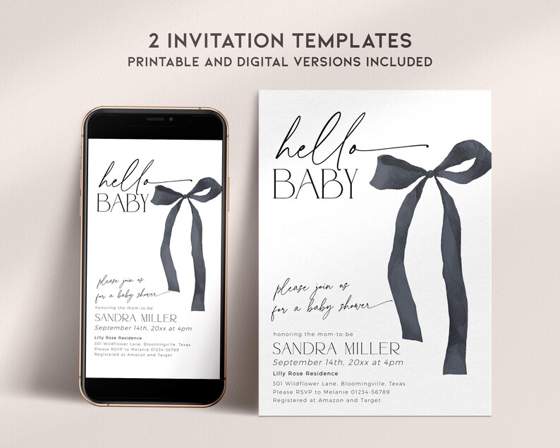 K&ouml;nnte beinhalten: Zwei druckbare Babyparty-Einladungsvorlagen mit einer Aquarell-Schleife und dem Text "hello baby". Die Einladungen sind in Schwarzwei&szlig; mit einer grauen Schleife.