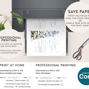 May include: A digital printable invitation for a winter-themed event. The invitation features a blue and white watercolor design with a snowflake and the text "Snow in Love". The invitation is available for both home printing and professional printing.