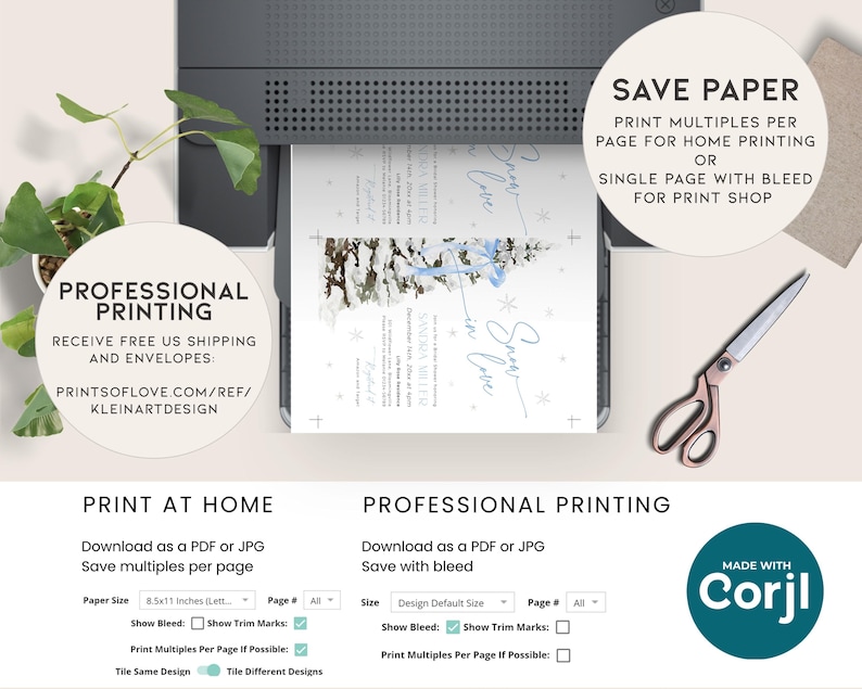 May include: A digital printable invitation for a winter-themed event. The invitation features a blue and white watercolor design with a snowflake and the text "Snow in Love". The invitation is available for both home printing and professional printing.
