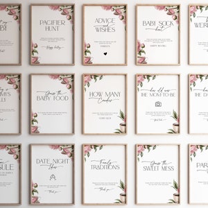 Puede incluir: Un conjunto de 10 tarjetas de juego de baby shower imprimibles con dise&ntilde;os florales y texto como "No digas beb&eacute;", "B&uacute;squeda de chupetes", "Consejos y deseos", "B&uacute;squeda de calcetines de beb&eacute;", "&iquest;D&oacute;nde estaban?", "&iquest;Qu&eacute; tan grande est&aacute; la barriga de mam&aacute;?", "Adivina la comida para beb&eacute;s", "&iquest;Cu&aacute;ntos dulces?", "&iquest;Qu&eacute; edad ten&iacute;a la futura mam&aacute;?", "&iquest;Qu&eacute; edad ten&iacute;a el futuro pap&aacute;?", "C&aacute;psula del tiempo", "Ideas para una cita nocturna", "Tradiciones familiares", "Adivina el desorden dulce", y "Tarro de consejos para padres".