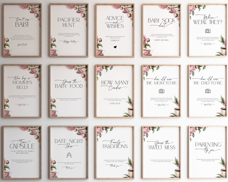 Puede incluir: Un conjunto de 10 tarjetas de juego de baby shower imprimibles con dise&ntilde;os florales y texto como "No digas beb&eacute;", "B&uacute;squeda de chupetes", "Consejos y deseos", "B&uacute;squeda de calcetines de beb&eacute;", "&iquest;D&oacute;nde estaban?", "&iquest;Qu&eacute; tan grande est&aacute; la barriga de mam&aacute;?", "Adivina la comida para beb&eacute;s", "&iquest;Cu&aacute;ntos dulces?", "&iquest;Qu&eacute; edad ten&iacute;a la futura mam&aacute;?", "&iquest;Qu&eacute; edad ten&iacute;a el futuro pap&aacute;?", "C&aacute;psula del tiempo", "Ideas para una cita nocturna", "Tradiciones familiares", "Adivina el desorden dulce", y "Tarro de consejos para padres".