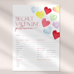 Plantilla de encuesta de hermana secreta de Retro Hearts, hoja de intercambio de regalos para la fiesta de San Valentín, formulario de lista de deseos navideños, cuestionario de cosas favoritas, CH86