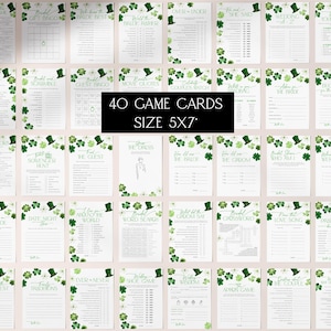 May include: Forty printable game cards for a bridal shower, featuring a green shamrock and leprechaun hat design. The cards are 5x7 inches and include games like "Guess the Bride's Favourite Movie Quote" and "Bride and Groom Trivia".