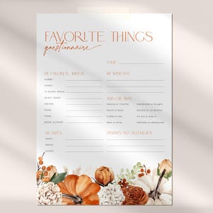 Cuestionario de cosas favoritas para el Día de Acción de Gracias, lista editable de flores para amigos en otoño, lista de deseos de calabazas para compañeros de trabajo, formulario de hermana secreta de otoño, CH64