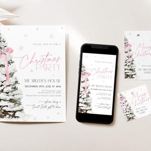 May include: A set of printable Christmas party invitations with a watercolor illustration of a snowy pine tree with a pink ribbon. The text on the invitation reads "Please join us for a Christmas Party, The Miller's House, December 18th, 20X1 at 4PM". There are also two printable gift tags with the same illustration and the text "Merry Christmas, with love, The Miller Family".