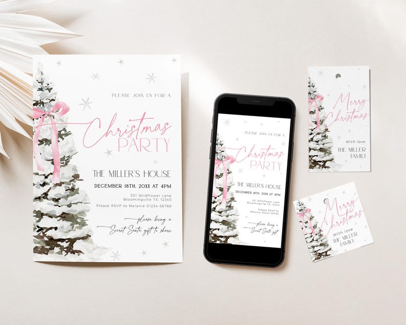 May include: A set of printable Christmas party invitations with a watercolor illustration of a snowy pine tree with a pink ribbon. The text on the invitation reads "Please join us for a Christmas Party, The Miller's House, December 18th, 20X1 at 4PM". There are also two printable gift tags with the same illustration and the text "Merry Christmas, with love, The Miller Family".